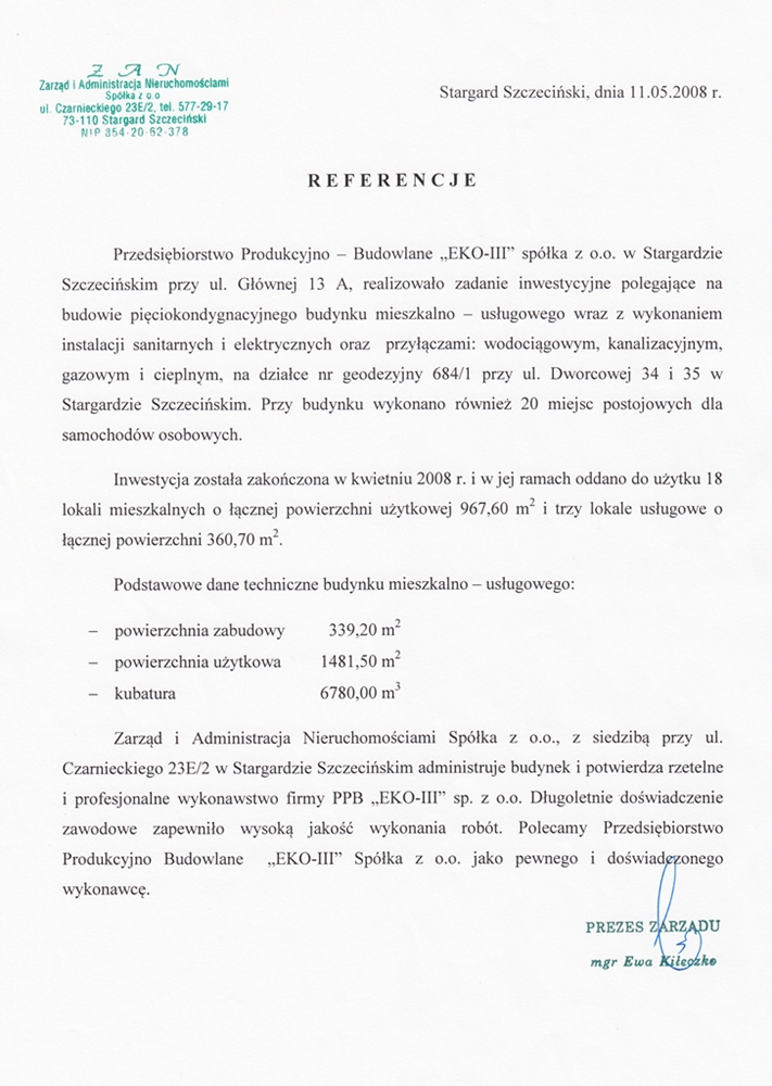 Dokument z referencją od 'ZAN' Zarząd i Administracja Nieruchomościami sp. z o. o..